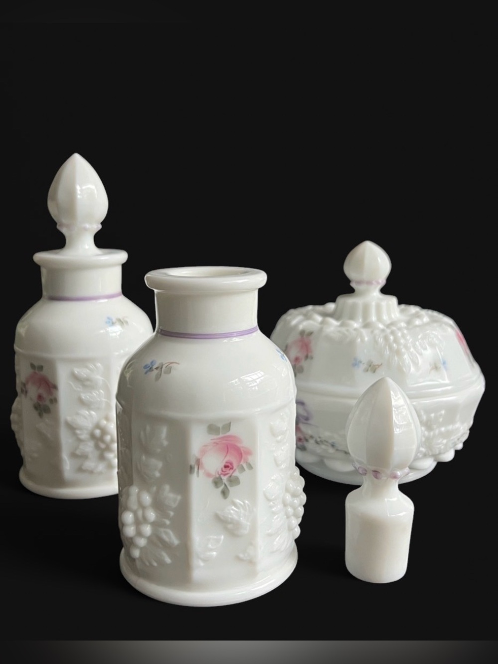 Vintage 1950’s Westmoreland Milk Glass Paneled Grape and Rose 3 piece Vanity Set